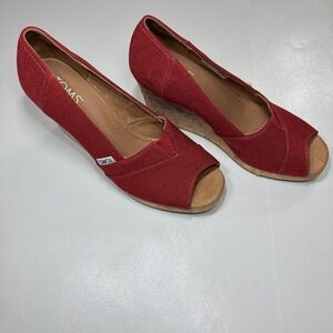 TOMS Red Canvas Peep Toe Wedge Heels Womens Size 7 Cork Platform Shoes